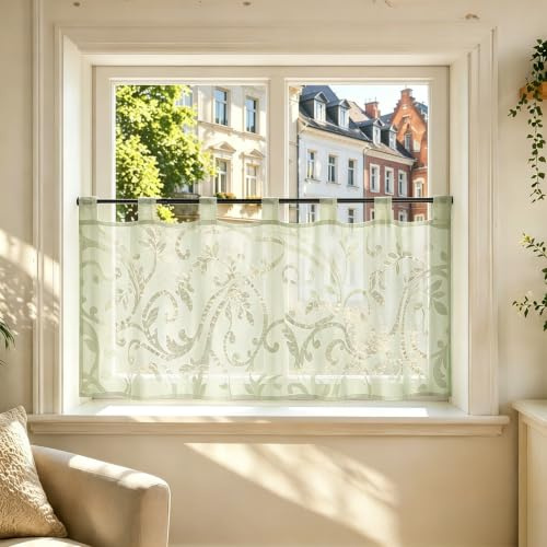 Joyswahl Scheibengardine Voile Bistrogardinen Elisabeth 45x90cm Grün | mit Schlaufen,Kurzgardine,1er Pack,Küchengardinen landhaus,Kurzstores Transparent,Fenstergardinen,Gardinen Ausbrenner