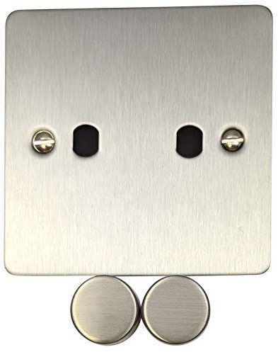 G&H FSS12-PK Flat Plate Brushed Steel 2 Gang Dimmer Plate Only inc Dimmer Knobs