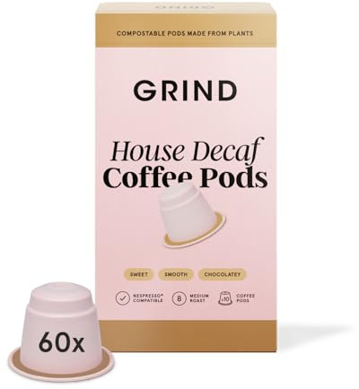 Grind Decaf House Coffee Pods – Pack of 60 Biodegradable Capsules – Naturally Decaffeinated – Nespresso® Original Compatible – Home Compostable – Barista Quality and Specialty Grade – Medium Roast