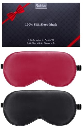 BeeVines Sovmask, 2-pack 100% äkta, Naturligt, rent silkesögonmask för sömn, viktad ögonmask med justerbart band, ögonbindel för sömn, blockerar ljus, skugga för ögonen (09 Svart & Röd)