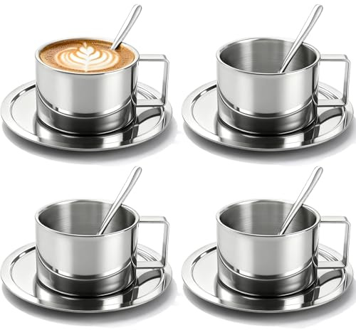 ZENFUN 4 Pack Stainless Steel Coffee Cup Set, 7oz/200ML Double Walled Coffee Mugs Espresso Cups with Saucer and Spoon, Great Cappuccino Cups with Handle for Latte Cappuccino Tea Lovers