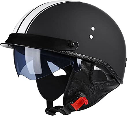 LPXPLP Halbschalenhelm Mit ECE Zulassungiber Brain-Cap Halbschale Jet-Helm Roller-Helm Scooter-Helm Retro Half Helm mit Built-in Visier für Cruiser Chopper Biker Moped DOT/ECE-Zulassung B,L=59-60CM
