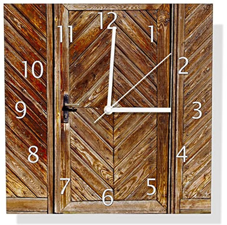 Wallario Design Wanduhr Alte Holztür mit diagonalem Muster aus Aluverbund, Alu-Uhr Größe 30 x 30 cm, weiße Zeiger mit Metalloptik
