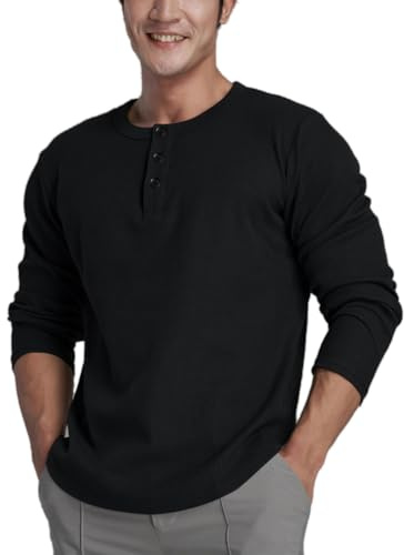 Muscle Alive Hombres Henley Manga Larga Gofre Camisa de Entrenamiento Ajuste Holgado Aptitud física Camisas Cuello Redondo 2313 Negro L