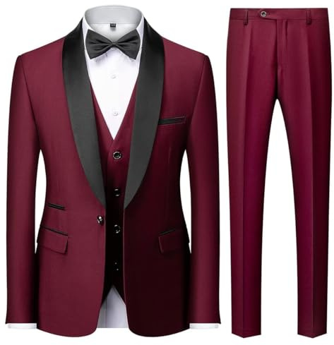 KUDMOL Herren 3-teiliger Anzug Slim Fit EIN Knopf Schalrevers Smoking Set | Klassischer Business-Anzug für Büro, Hochzeit, Abschlussball und Alltag-Blazer, Weste, Hose Set