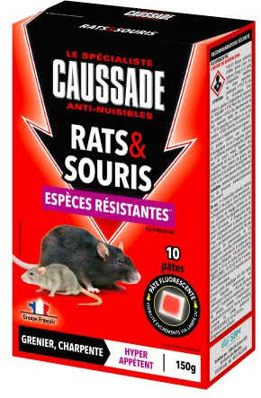 CAUSSADE Anti Rats & Souris - Efficacité radicale - Lieux secs & humides - 10 Sachets pâtes Fluorescents- Prêt à l'emploi - Une Ingestion Suffit - Fabriqué en France - 150g - CARSPTFLUO150