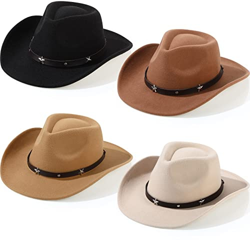 Mumufy 4 Pcs Western Cowboy Hat, Black, Camel, Khaki, Beige