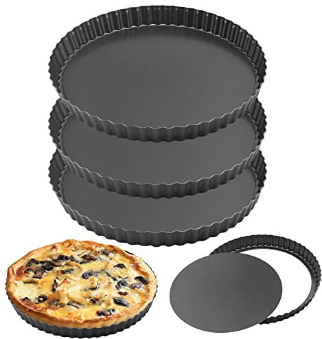 HAKZEON 3 Pack 10 Inch 25cm Non-Stick Quiche Tart Pan with Loose Bottom, Removable Quiche Dish Fluted Flan Tin for Baking Quiches, Pies, Flans, Cheese