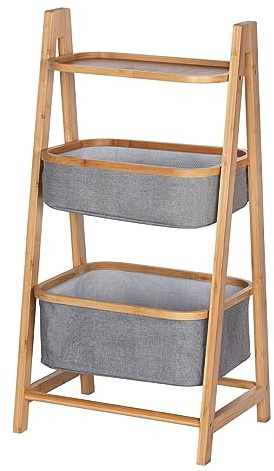 WENKO Regal Nori mit 2, Gestell aus Bambus, Körbe aus 100% Polyester, 44 x 91 x 34 cm, Braun/Grau