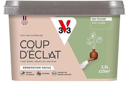 V33 Peinture murale intérieure Coup d'Éclat® Vert lichen Mat Poudré 2,5L | Tous murs neuf ou anciens, Rénovation facile, Masque les défauts, Lessivable, Contient des matières recyclées