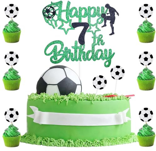 9 Pack Football Cake Topper 7,Happy 7th Birthday Cake Topper,Football Cake 7th Birthday Decorations,1 Double Sided Glitter Topper with 8 Soccer Cupcake Decorations for Party Supplies