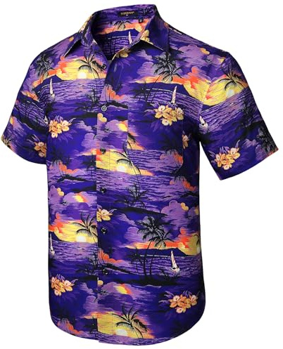 HISDERN Funky Hawaii-skjorta för män, unisex, kortärmad, framficka, semester, sommar, Aloha-tryckt strand, beige, Hawaii skjorta, S-2XL, Y2 – lila, 3XL