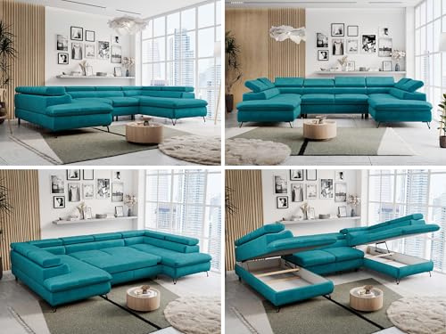 MKS MEBLE Sofa U-Form, Wohnlandschaft U-Form, Sofa mit Schlaffunktion und Bettkasten, Schlafsofa mit Bettkasten, Couch mit Verstellbare Kopfstützen - Peter U - Hellblau Velvet (ohne Topper)