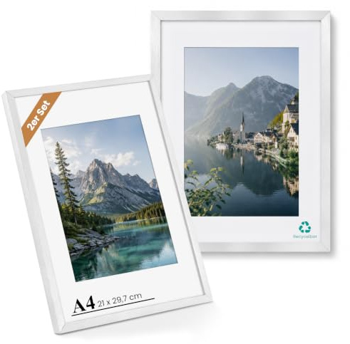 LEEJARD Bilderrahmen DIN A4 Aluminium 2er Set, 21x29,8 cm Fotorahmen, Silberner Metallisch Wechselrahmen Plakatrahmen mit Haken bruchsicherem Plexiglas für Mehrere Bilder Fotos