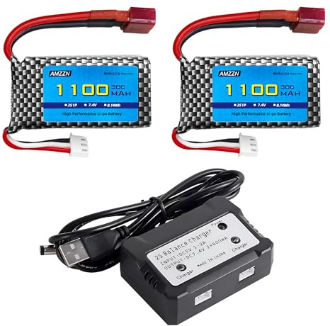 AMZZN 2 Stück 7,4V 2S 1100mAh 30C Lipo Akku T Stecker mit Ladegerät 2-in-1 passend für 18859 18858 16889 300E 302E HS181 2845 Q903 Q901 1/10, 1/12, 1/16, 1/18 Bericht RC Auto