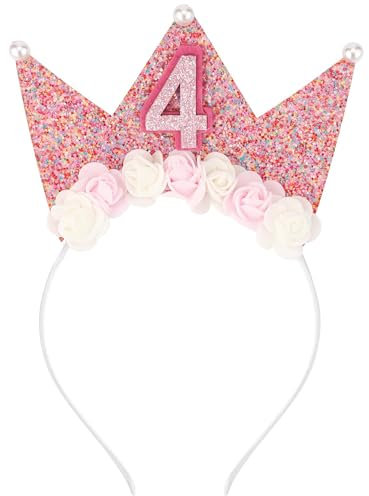 ELIHANA Corona Princesa Niña, Corona Cumpleaños 4 Años Rosa, Corona de Cumple para Niña con Perlas y Flores, Regalo para Cumpleaños Niñas 4 Años