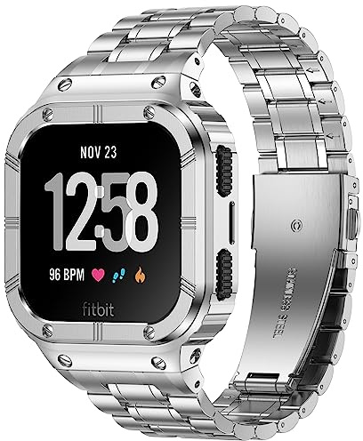 Edelstahl Uhrenarmband mit Gehäuse kompatibel für Fitbit Versa Sense Bands | Robuste Schützende Stoßstange Metall Armbänder für Fitbit Versa 4 3 2 1 Lite Fitbit Sense 2/Sense für Männer Frauen (Silber)