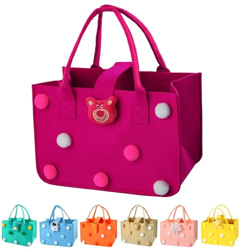 Filtväska shoppingväska, FainFun 30 x 20 x 18 cm filtväskor flickor, liten filtväska, filtkorg shopping, filt shoppingväska med handtag för förvaring av snacks, matlådor (lilaröd)