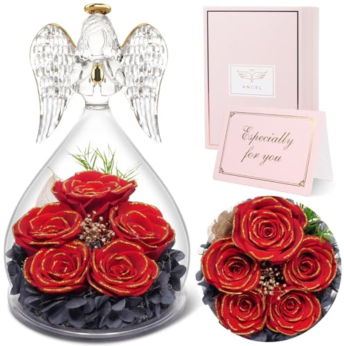 Sunia Ewige Rose Engel Geschenke für Frauen Weihnachten, 5 Ewige Rose im Engel Figur, Geburtstagsgeschenk für Frauen, Geschenke für Mama Oma, Echte Rosen Geschenke, Weihnachten Valentinstag Muttertag