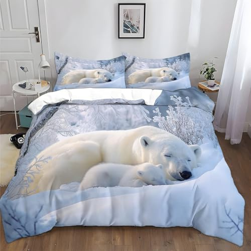 XCQHZYQ Housse de Couette 240x260 cm Animal Ours Polaire Parure de Lit Enfant Adulte, Bleu Imprimé Literie Doux Parure Housse Couette Linge de Lit 2 Personnes en Coton Polyester + 2 Taie d'oreiller