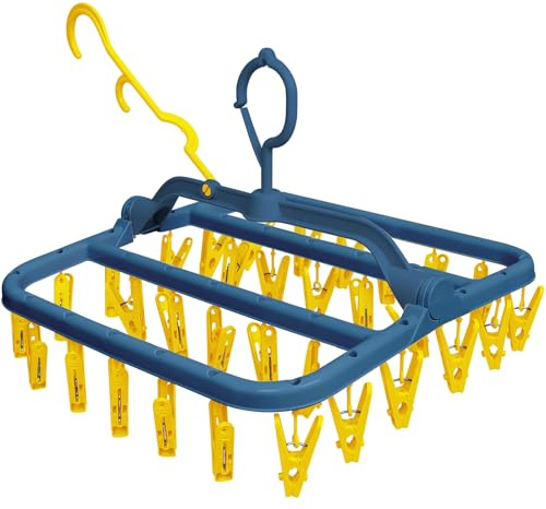 Newthinking Underwear Dryer Hanger, Sock Dryer with Pegs for Washing Line | Sock Hangers with 32 Clips and Windproof Hook for Drying, 360° Rotatable, PP Plastic, Sock, Underwear, Small Clothes, Yellow