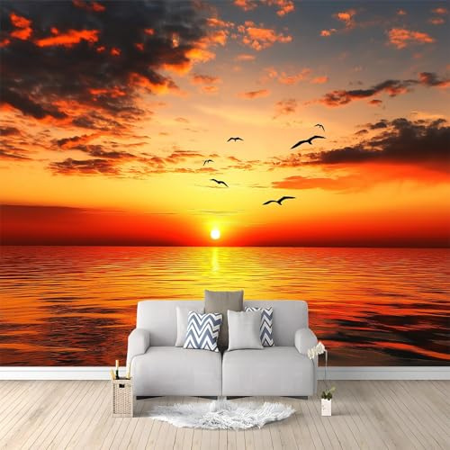 Vista Sul Mare Al Tramonto Carta da Parati Rosso Arancio Carta da Parati TNT Fotomurali Moderna Carta Parati Fotomurale 3D Effetto per Soggiorno, Camera Letto, Sala Pranzo, TV Sfondo 200x140 cm