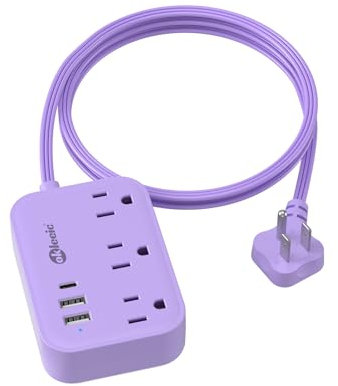 Cruise Essentials Purple Extension Cord 5ft, Cute Extension Cord with 3 AC 3 USB Outlets, Travel Flat Plug with USB Charging Station, Compact for Computer Accessories