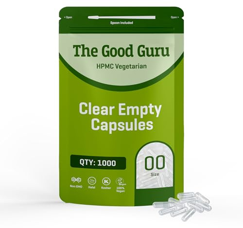 The Good Guru Clear Empty Vegetarian Capsules Size 00 | Gluten Free, Non-GMO, Includes Micro Lab Spoon (1000)