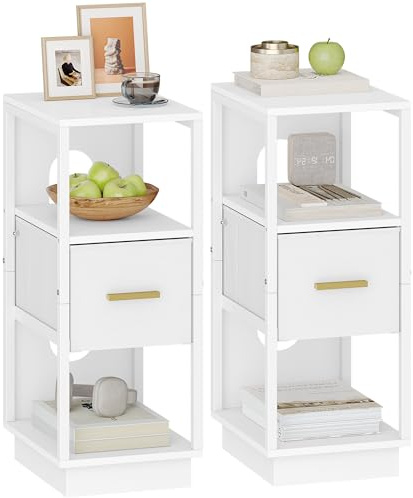 Hzuaneri Nachttisch 2er Set, Beistelltisch mit Offenes Fach, Schmal | mit 1 Stoffschublade, Modern, für Schlafzimmer, Wohnzimmer, 30 x 24 x 60 cm, Weiß NS61303W