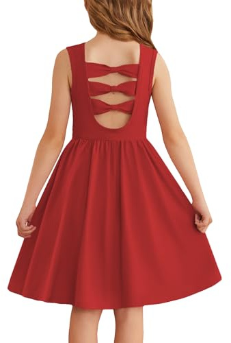 Arshiner Filles Robes sans Manches Enfants Retour Noeud Papillon d'été Coton Loisirs de Fête Col Rond Swing Robe pour Fille 9-10 Ans Rouge