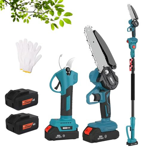Electric Secateurs & Pole Saw - Cordless Pruning Shears with 2m Telescopic Pole, 2.5cm Cutting Capacity, 6-Inch Single-Hand Saw for Trimming of High Branches and Trees