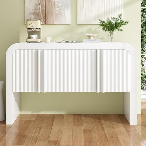 Merax Sideboard mit Abgerundeter Ecke, Moderne Eleganz Küchenschrank Flurschrank mit 4 Türen, Leichtbauweise, Vertikales Streifendesign, Beistellschrank für Küche, Esszimmer, Wohnzimmer, 120cm, Weiß