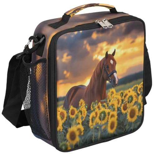 Mexpekil Bolsa de almuerzo con diseño de caballo y girasol para niños y niñas, lonchera aislada a prueba de fugas, bolsa térmica para picnic, bolsa de almuerzo para la escuela y el trabajo