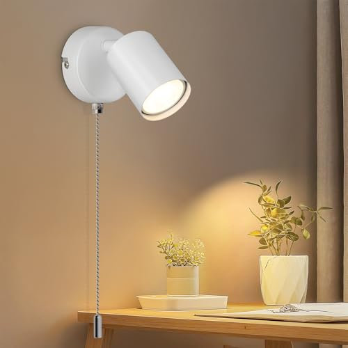 Ketom Applique Murale Intérieure GU10, Lumière Murale Avec Interrupteur à Tirette, Blanc Applique LED réglable, Luminaire Mural Moderne Industrielle pour Chambre, Salon, Couloir, Sans Ampoule