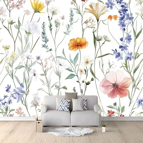 Carta da parati Fiori Selvatici Acquerellati 250x175 cm Murale Carta da parati Stampa 3D Moderna, Fotomurale Decora per Camera Letto, Soggiorno, Stanza Bambini