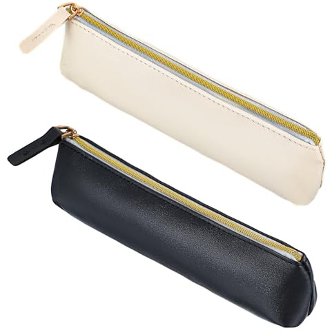 CIATBYYJ 2 Stück Leder Federmäppchen, Stiftetasche Kleine, Schmal Pencil Case Mit Reißverschluss, Tragbar Kosmetiktasche für Stifte Marker Make-up(Schwarz & Beige)