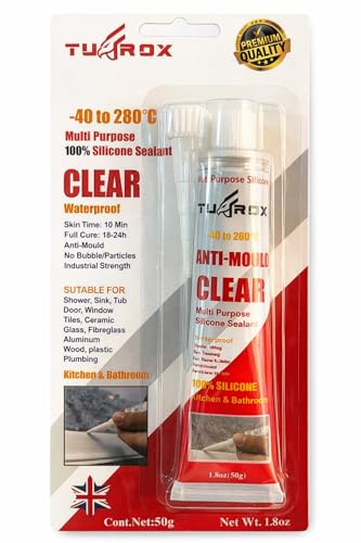 TUFROX Clear Silicone Sealant Tube 50g – Flexible Waterproof Bathroom & Kitchen Shower Sealer for Edging, Gap Filling, Crack Repair & DIY Projects