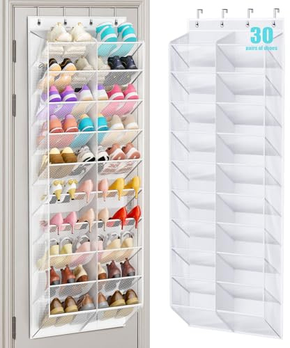 MISSLO 30 Paar Schuhorganizer Tür Hängend Atmungsaktives Mesh Tür Schuhregal für Kleiderschrank mit tiefen Fächern 10 Etagen Tür Organizer passt für alle Stiefel, Absätze der Familie (Weiß)
