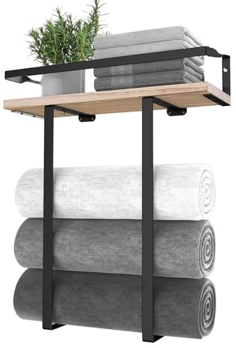 Gzsekken Towel Storage Wall Mounted, Black Towel Rack with Shelf for Small Bathroom, Can Hold 4 Large Size Rolled Towels Holder Organizer, Over Toilet Storage Unit for Bathroom Space Saving