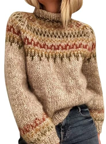 Cocila Pullover Damen Strickpullover Norweger Langarm Rundhals Elegant Stricken Oberteil Warm Winter Sweater Jumpers Herbst Winter Pulli Winterpullover Damen Colorblock Strickwaren
