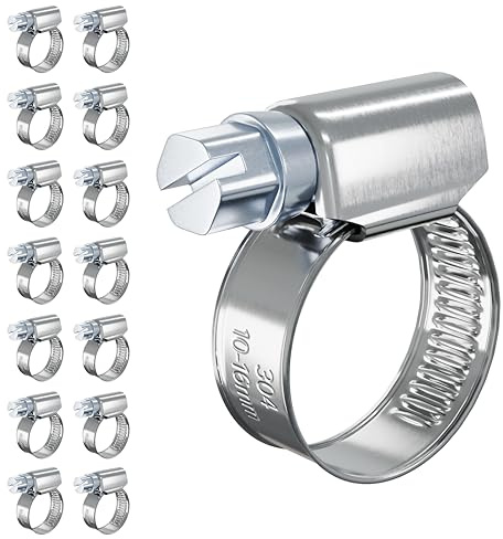 15 PcsHose Clips Adjustable Jubilee Clips 10-16mm, 304 Stainless Steel Hose Clamps, Assorted Worm Drive Pipe Clip Clamps for Exhaust Hoses Gas Water Pipes Fuel Line Garden Connections (10-16mm)
