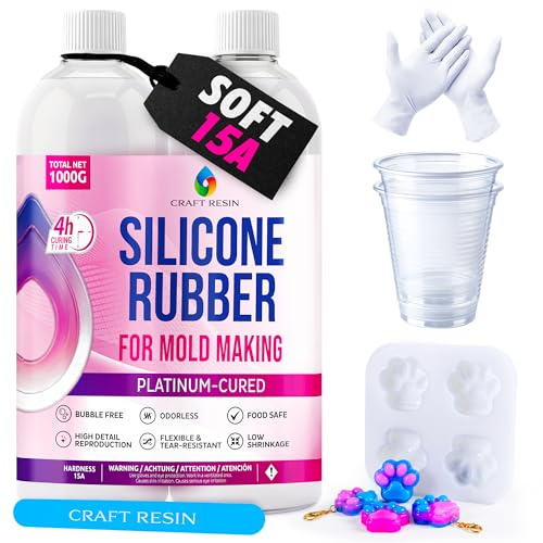 CRAFT RESIN Silikonformstillverkningskit Shore 15A – Superelastiskt, Snabbhärdande 4H, Genomskinligt Flytande Silikongummi-Kit 1L – Blandningsförhållande 1:1 För Resin Och 3D-Formar | Genomskinlig platina härdande silikon. 1:1 Flytande silikonmix, för harts, tvål, ljus och komplexa 3D-formar.