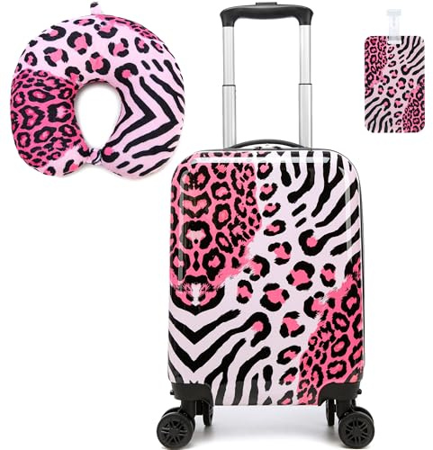 HTgroce 2-delat barnkoffertset, barnhandbagage med nackkudde och bagagetagg, flickor, barn, mini-koffert, trolley, hårdskals-koffert, rosa svart, 31 cm x 19.5 cm x 40.5 cm