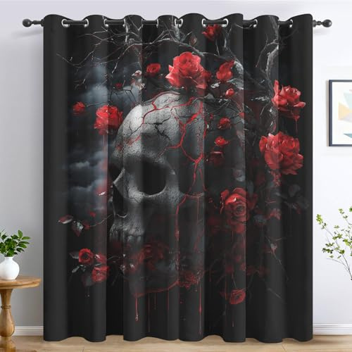 Generisch Gardinen Gotische Totenkopf Schlafzimmer Fenster, Blickdichte Vorhänge Rote Rose Skelett Wohnzimmer Deko, Thermo Verdunklungsvorhänge mit Ösen 2er Set, H 138 x B 117 L-C&50