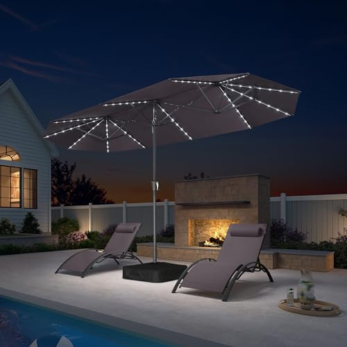 PURPLE LEAF Parasol de Jardin Extérieur 400 x 200 cm, Parasol Rectangulaire Double Face avec LED et Pied, 12 Baleines Robustes, Résistant aux UV et au Vent, pour Terrasse, Jardin, Balcon, Gris