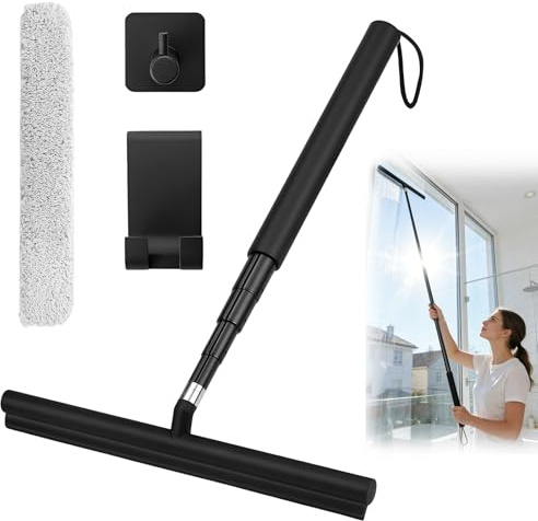 Duschskrapa svart med teleskophandtag (29–120 cm) fönsterdekal, golvskrapa och vattenreglage för badrum, dusch, fönsterputsa | duschskrapa av silikon