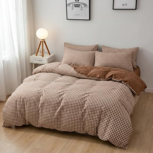 Covebett Housse de Couette 220x240 à Carreaux Vichy Marron Réversible Parure de Lit Adulte 2 Personnes Moderne Housse Couette Microfibre Linge de lit avec Fermeture Éclair et 2 Taies d'oreiller 65x65
