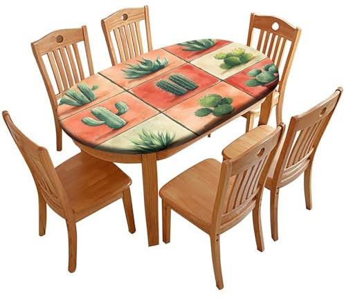 Barsada Tablecloth Pad, Sunset Coral Cactus Patchwork Pattern Printed on Polyester Elastic Dining Table Cover, for Weddings & Events Outdoor Dining, Fits for 60 x 84 Oval Tables