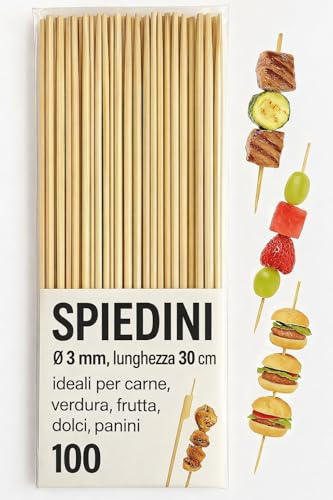 Lot de 100 brochettes en bois 30 cm x 3 mm – Bâtons longs pour viande, fruits, bonbons, sandwichs, barbecue et finger Food – naturels, résistants, jetables, écologiques