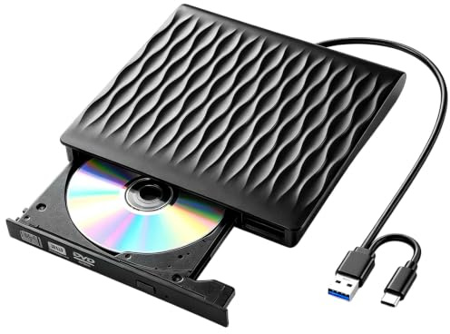 Lecteur CD DVD Externe pour PC USB 3.0 et Type C, Graveur Externe Optique Portable CD/DVD +/- RW Drive, Transmission Rapide DVD Enregistreur Compatible avec Windows Linux MacOS Laptop Desktops MacBook